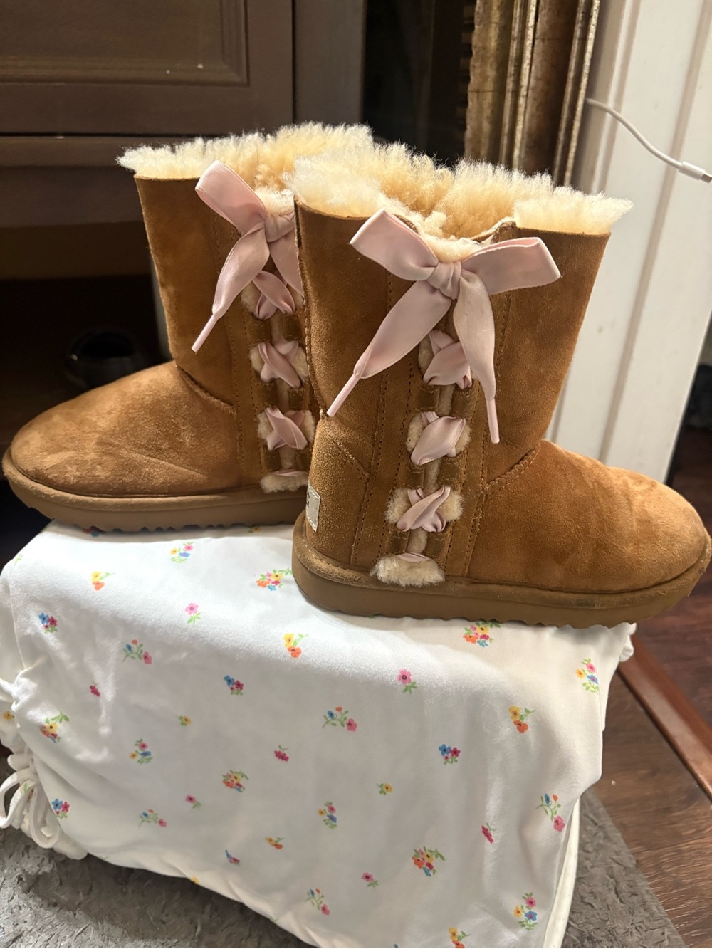 UGG Chestnut Suede Kids Boots with Pink Ribbon Bows